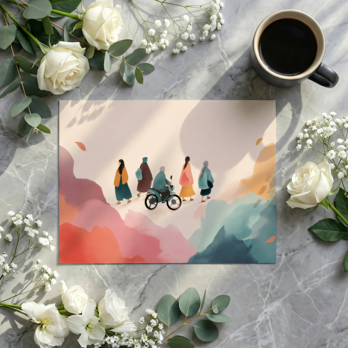 Watercolor Commuter Mural Wallpaper — Soft Autumnal Illustration Mural Wallpaper - room preview 03