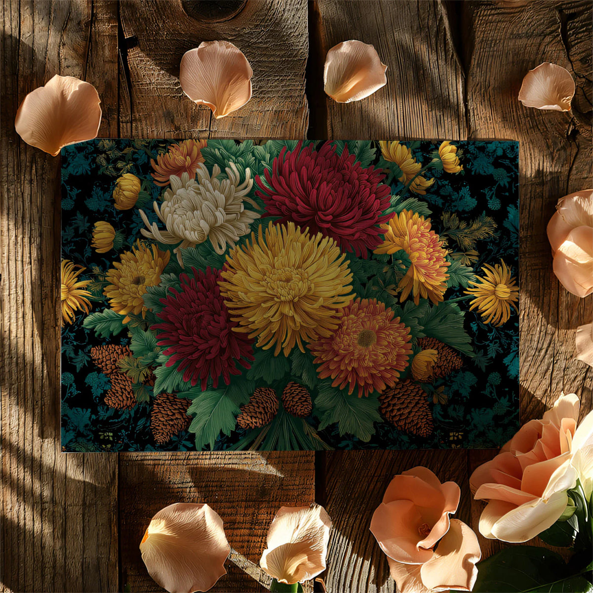 Victorian Chrysanthemum Mural Wallpaper — Moody Floral Heritage Mural Wallpaper - room preview 03