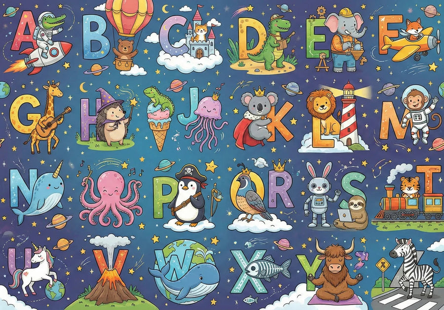 Kids Room Wallpaper Mural – Children Wall Mural – Cosmic Alphabet Animal — Whimsical Educational Design printable artwork