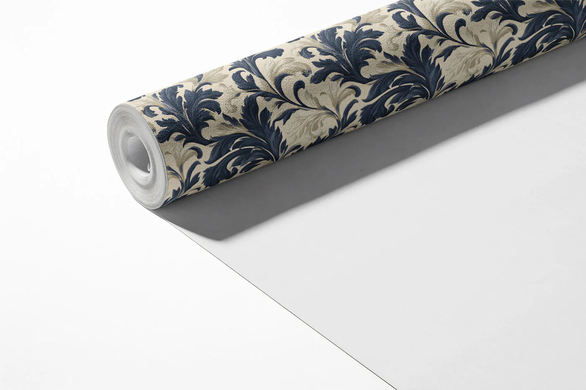Navy Baroque Foliage Mural Wallpaper — Classic Traditional Motif Mural Wallpaper - room preview 03