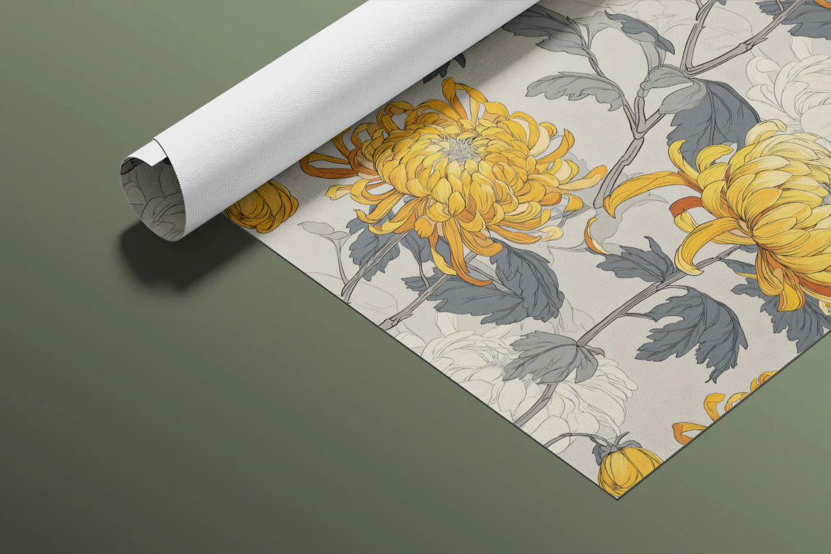 Golden Chrysanthemum Botanical Mural Wallpaper — Vintage Floral Mural Wallpaper - room preview 03