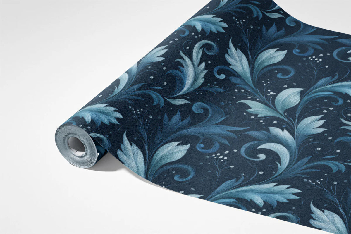 Midnight Acanthus Leaf Mural Wallpaper — Traditional Blue Damask Mural Wallpaper - room preview 03