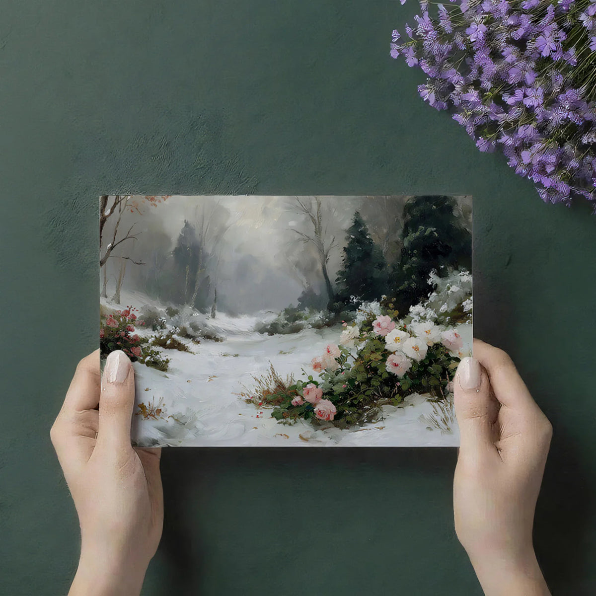 Winter Rose Path Mural Wallpaper — Impressionist Oil Painting Mural Wallpaper - room preview 03