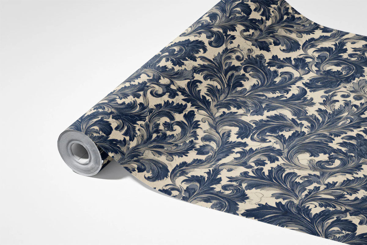 Navy Blue Damask Floral Mural Wallpaper — Traditional Heritage Mural Wallpaper - room preview 03