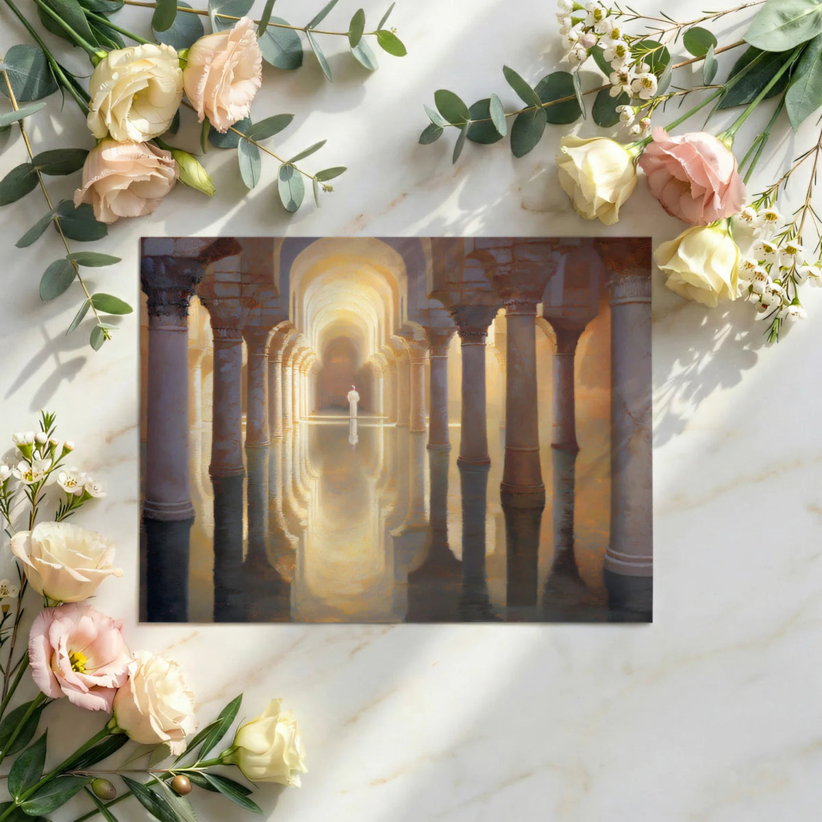 Golden Moorish Column Hall Mural Wallpaper — Oil Painting Style Mural Wallpaper - room preview 03