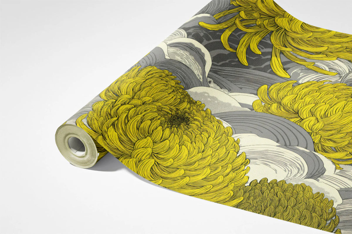 Chrysanthemum Wave Mural Wallpaper — Traditional Asian Art Design Mural Wallpaper - room preview 03