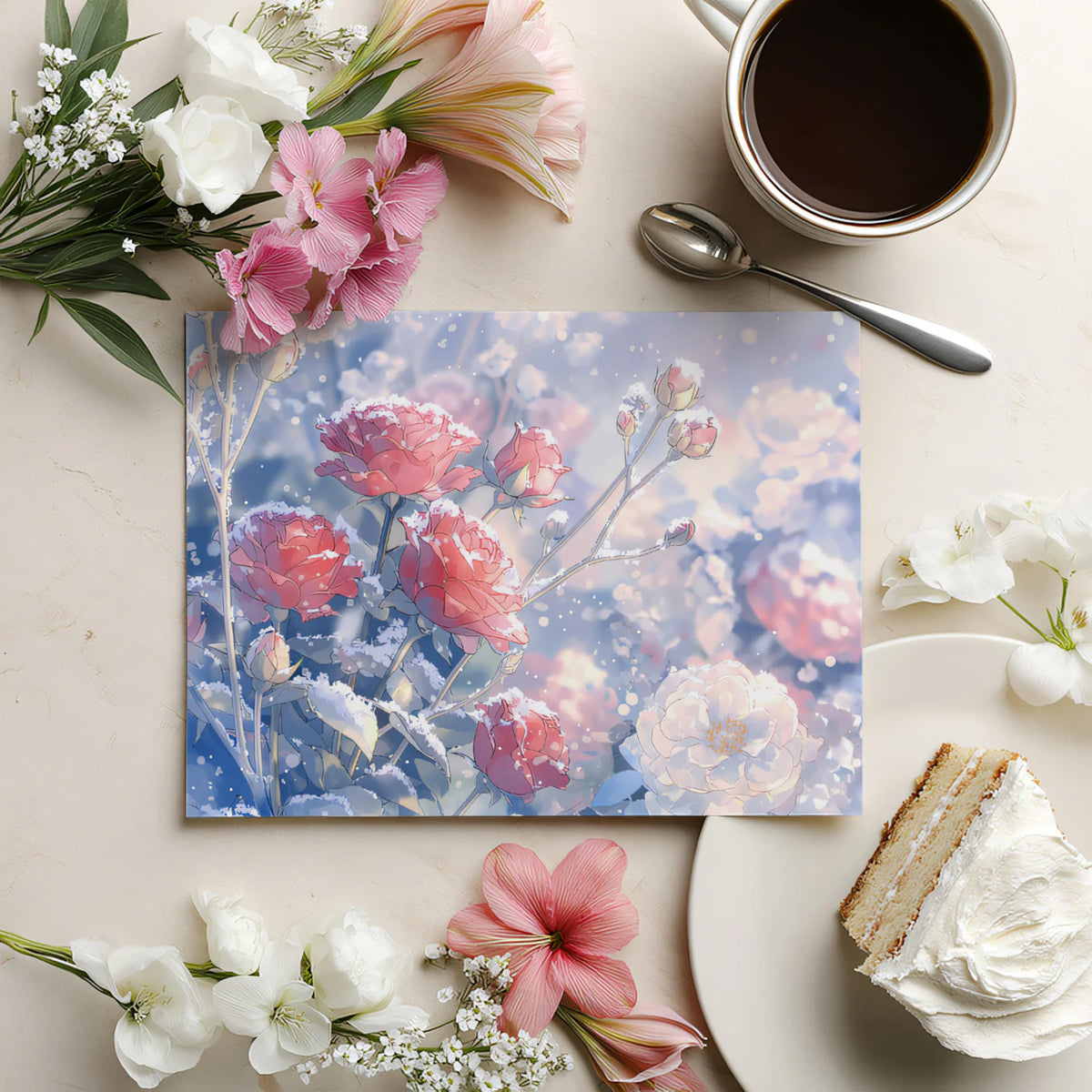 Snow-Dusted Pink Rose Mural Wallpaper — Romantic Winter Floral Mural Wallpaper - room preview 03