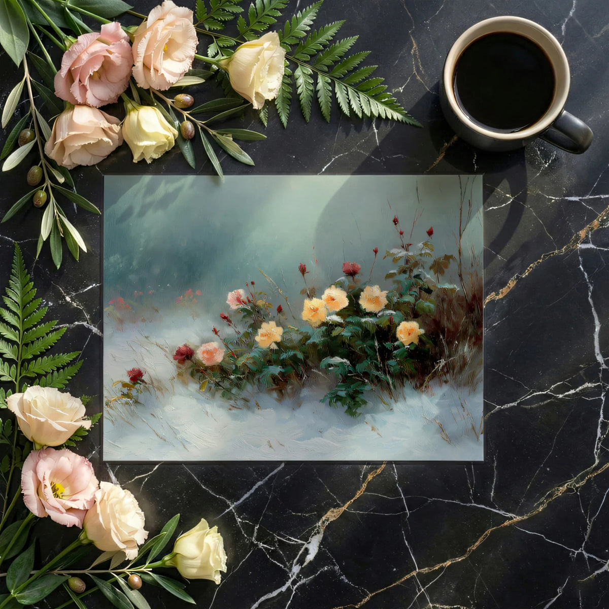 Winter Rose Garden Mural Wallpaper — Impressionistic Floral Art Mural Wallpaper - room preview 03