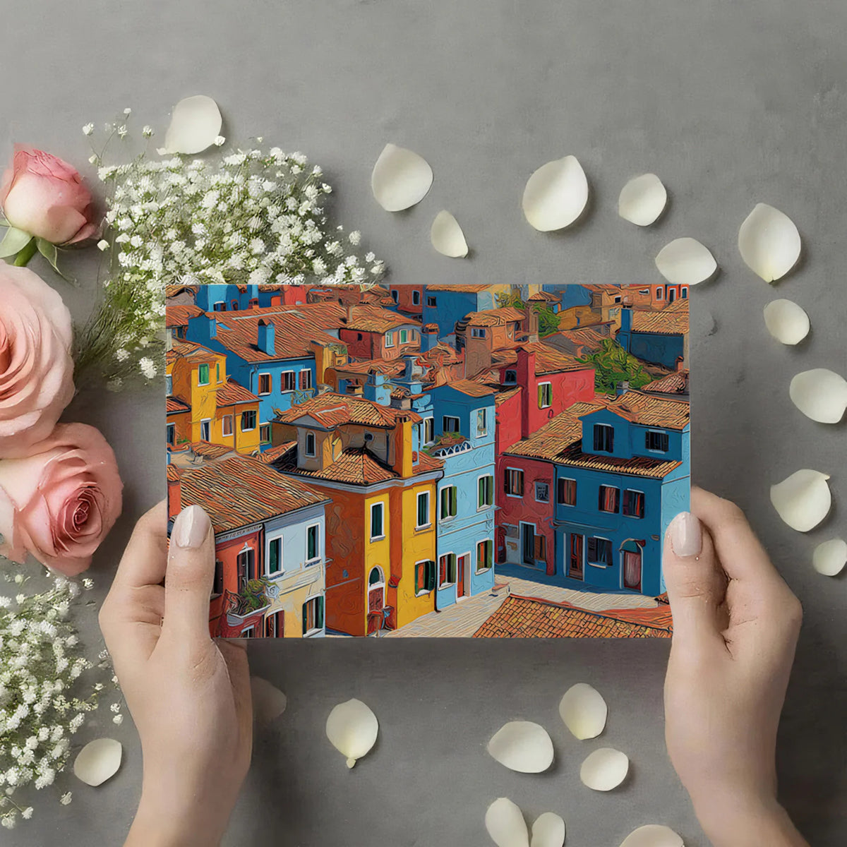 Mediterranean Village Houses Mural Wallpaper — Artistic Town Scene Mural Wallpaper - room preview 03