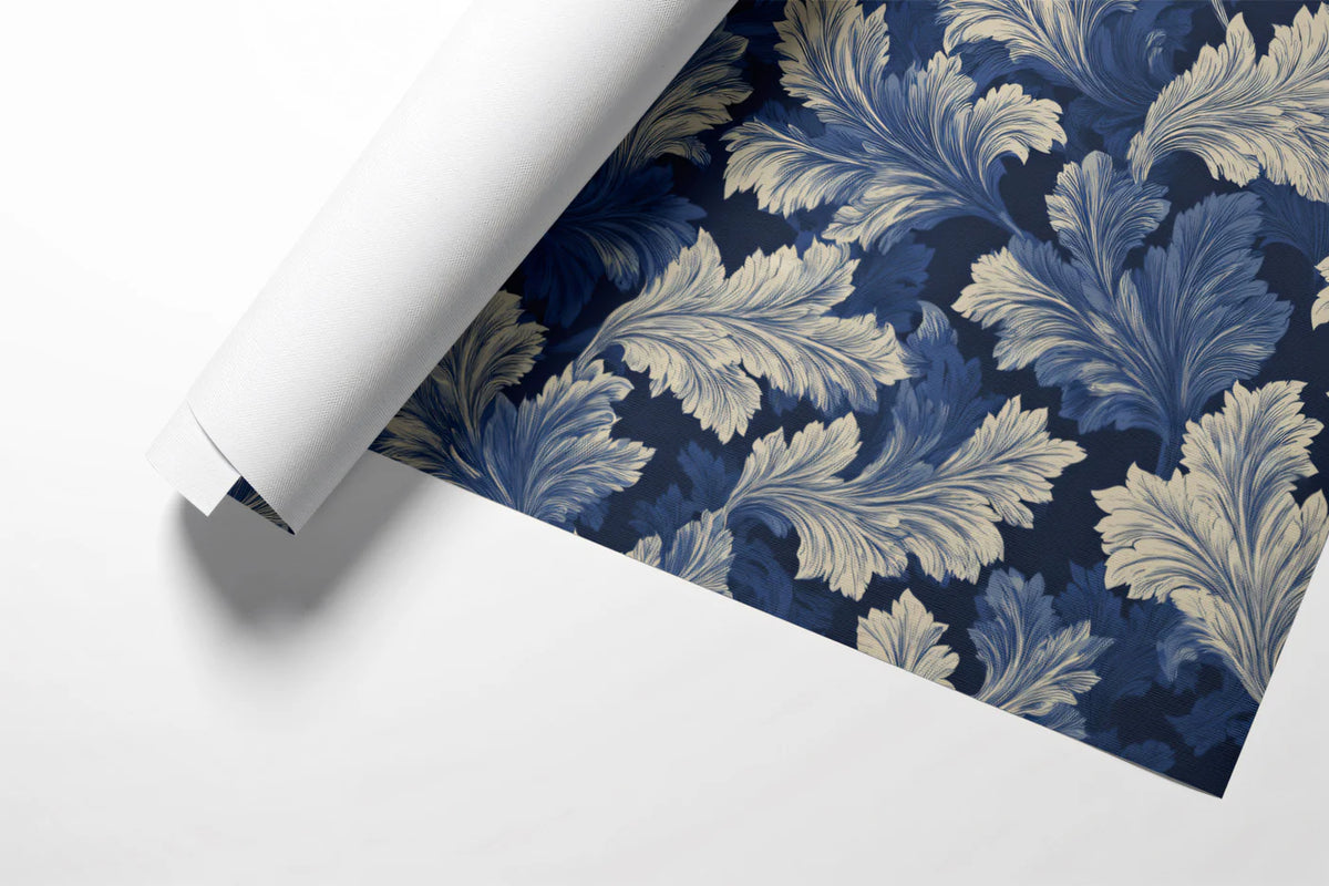 Indigo Acanthus Leaf Mural Wallpaper — Traditional Botanical Pattern Mural Wallpaper - room preview 03
