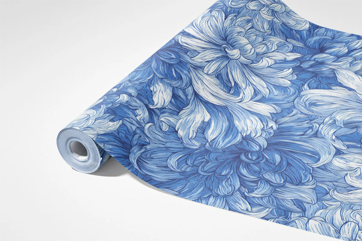 Blue and White Chrysanthemum Floral Mural Wallpaper - room preview 03