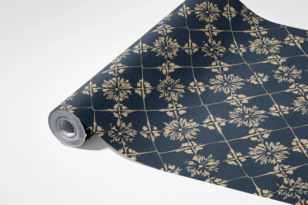 Navy and Gold Diamond Trellis Floral Mural Wallpaper - room preview 03
