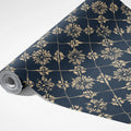 Navy and Gold Diamond Trellis Floral Mural Wallpaper - room preview 03
