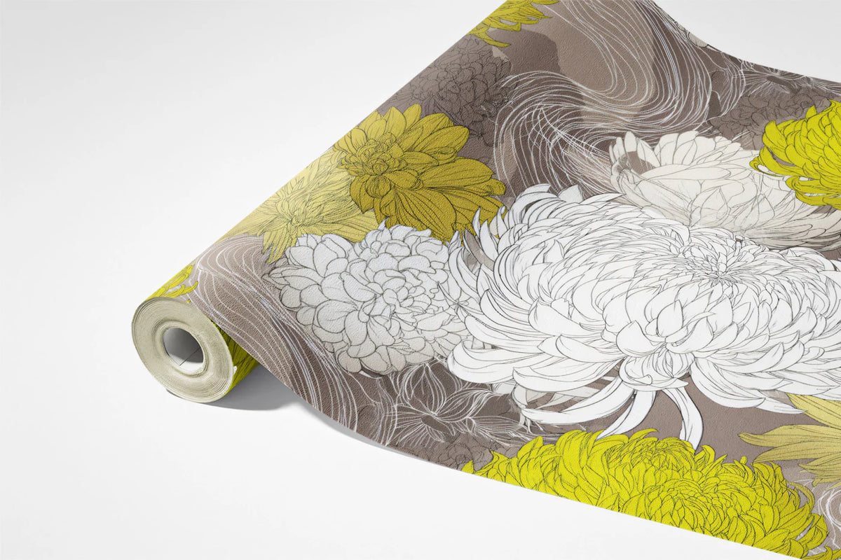 Chrysanthemum Bloom Mural Wallpaper — Energetic Botanical Art Mural Wallpaper - room preview 03