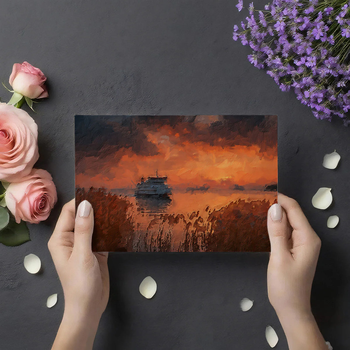 Impressionist Harbor Sunset Mural Wallpaper — Warm Artistic Scene Mural Wallpaper - room preview 03