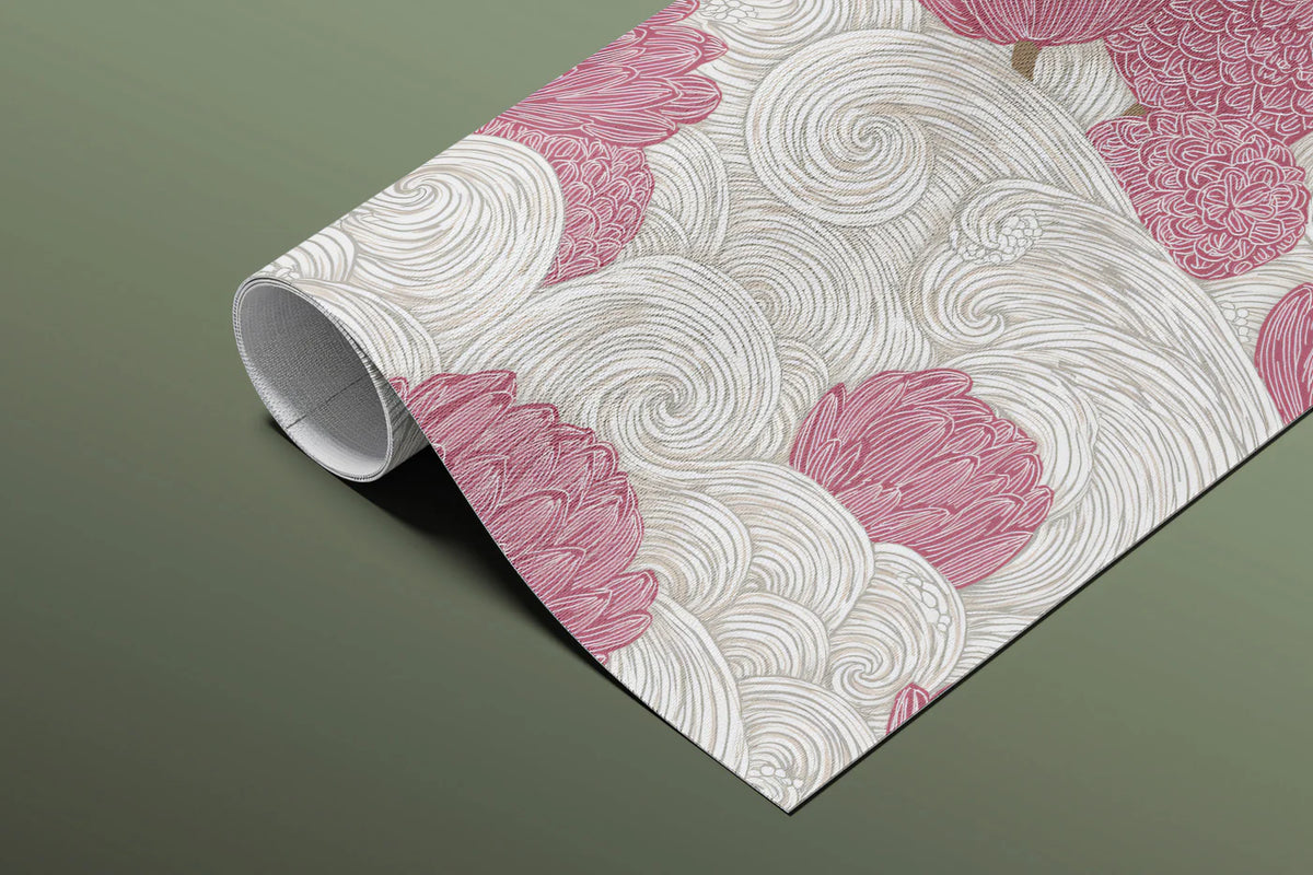Pink Botanical Wave Mural Wallpaper — Asian Inspired Floral Design Mural Wallpaper - room preview 03