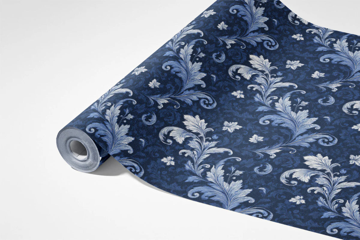 Navy Blue Acanthus Scroll Mural Wallpaper — Traditional Baroque Style Mural Wallpaper - room preview 03