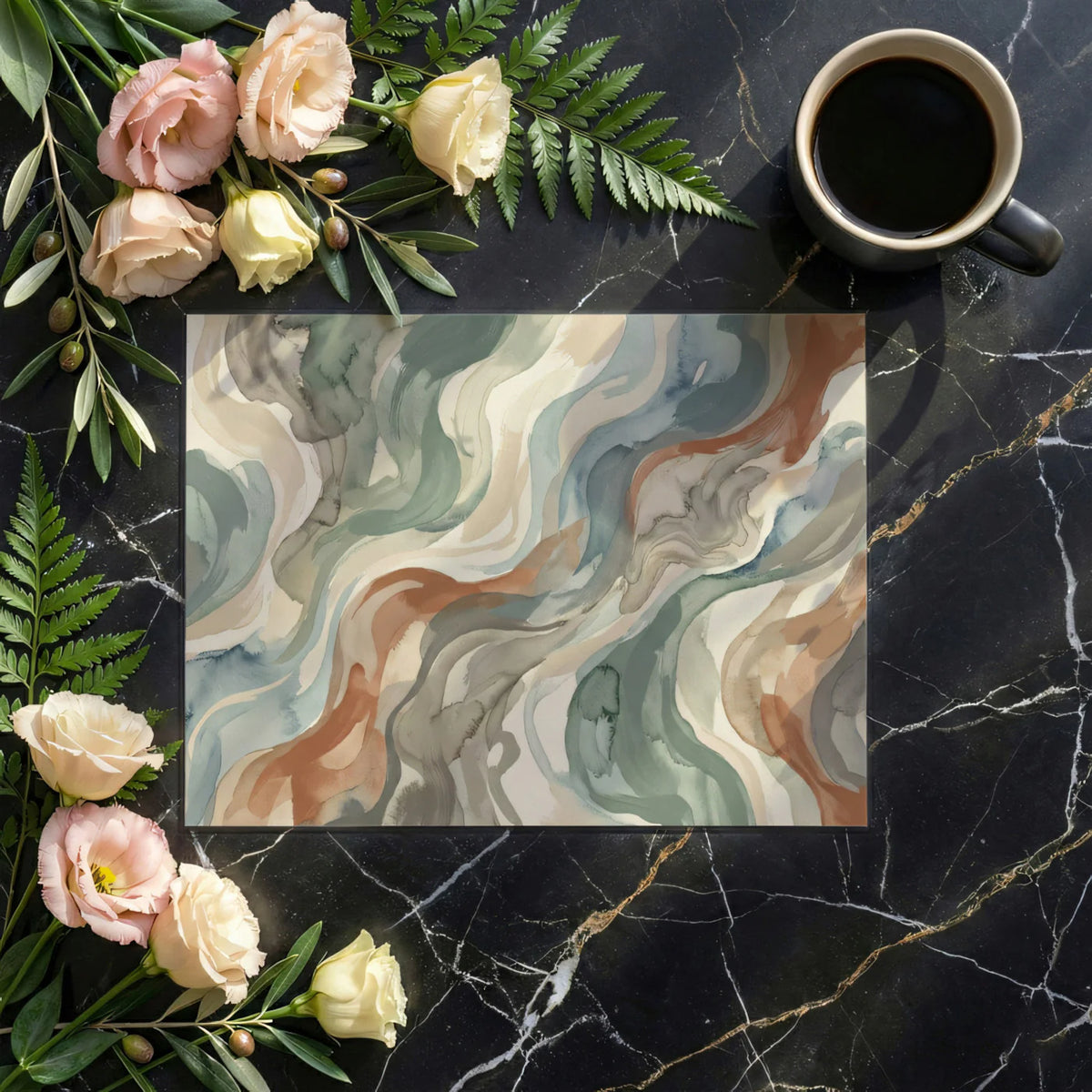 Abstract Watercolor Waves Mural Wallpaper — Earthy Fluid Art Mural Wallpaper - room preview 03