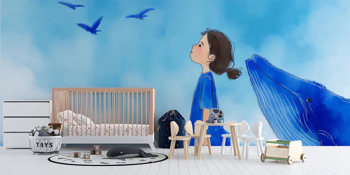 Dreaming Girl and Whale Mural Wallpaper — Whimsical Blue Scene Mural Wallpaper - room preview 03