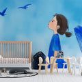 Dreaming Girl and Whale Mural Wallpaper — Whimsical Blue Scene Mural Wallpaper - room preview 03