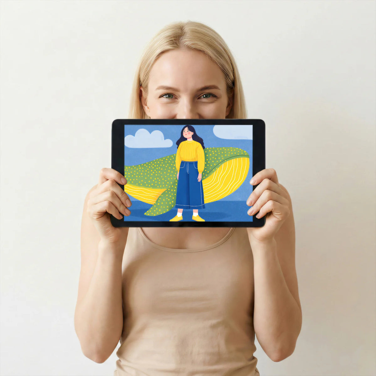 Woman & Spotted Whale Mural Wallpaper — Modern Art Illustration Mural Wallpaper - room preview 03
