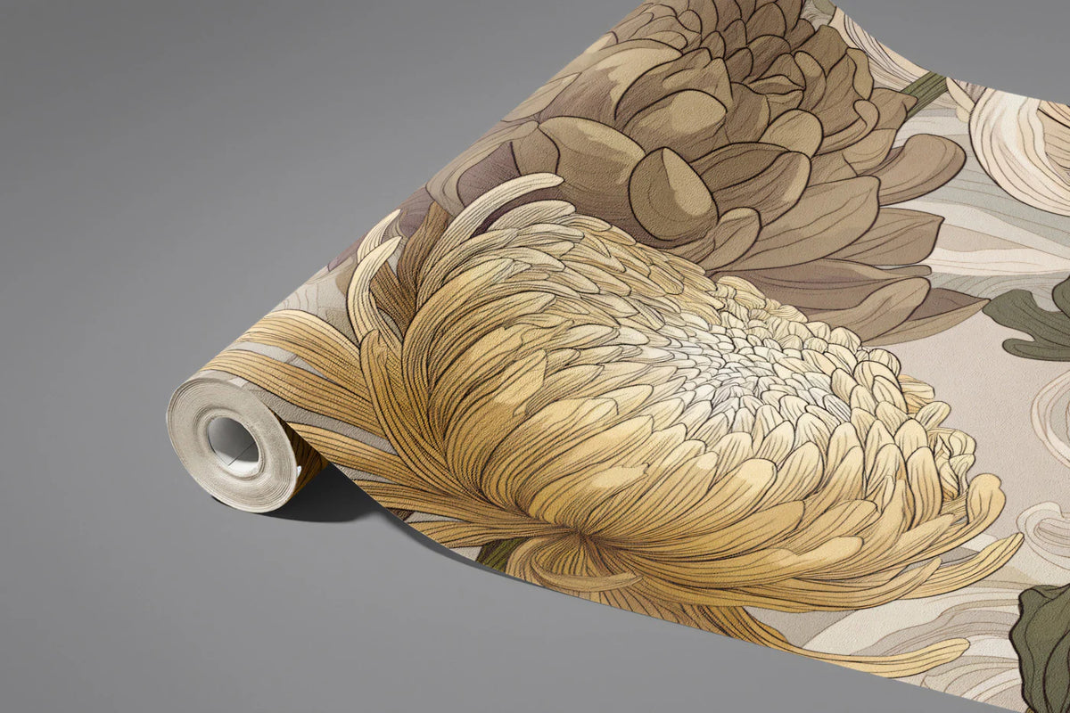 Oriental Chrysanthemum Floral Mural Wallpaper — Vintage Style Mural Wallpaper - room preview 03