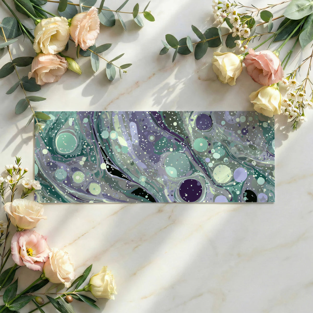 Cosmic Marble Mural Wallpaper — Swirling Purple and Mint Tones Mural Wallpaper - room preview 03
