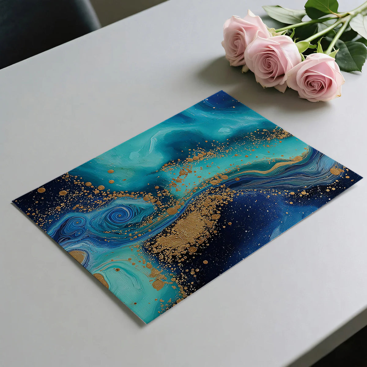 Cosmic Nebula Mural Wallpaper — Fluid Teal and Gold Swirls Mural Wallpaper - room preview 03