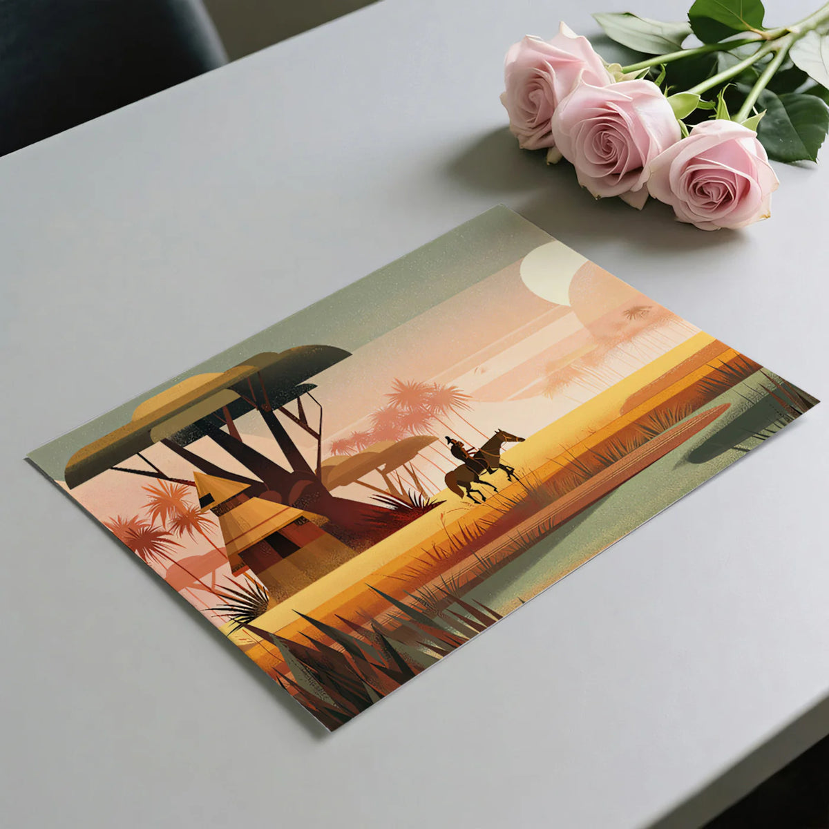 African Savanna Sunset Mural Wallpaper — Retro Illustration Mural Wallpaper - room preview 03