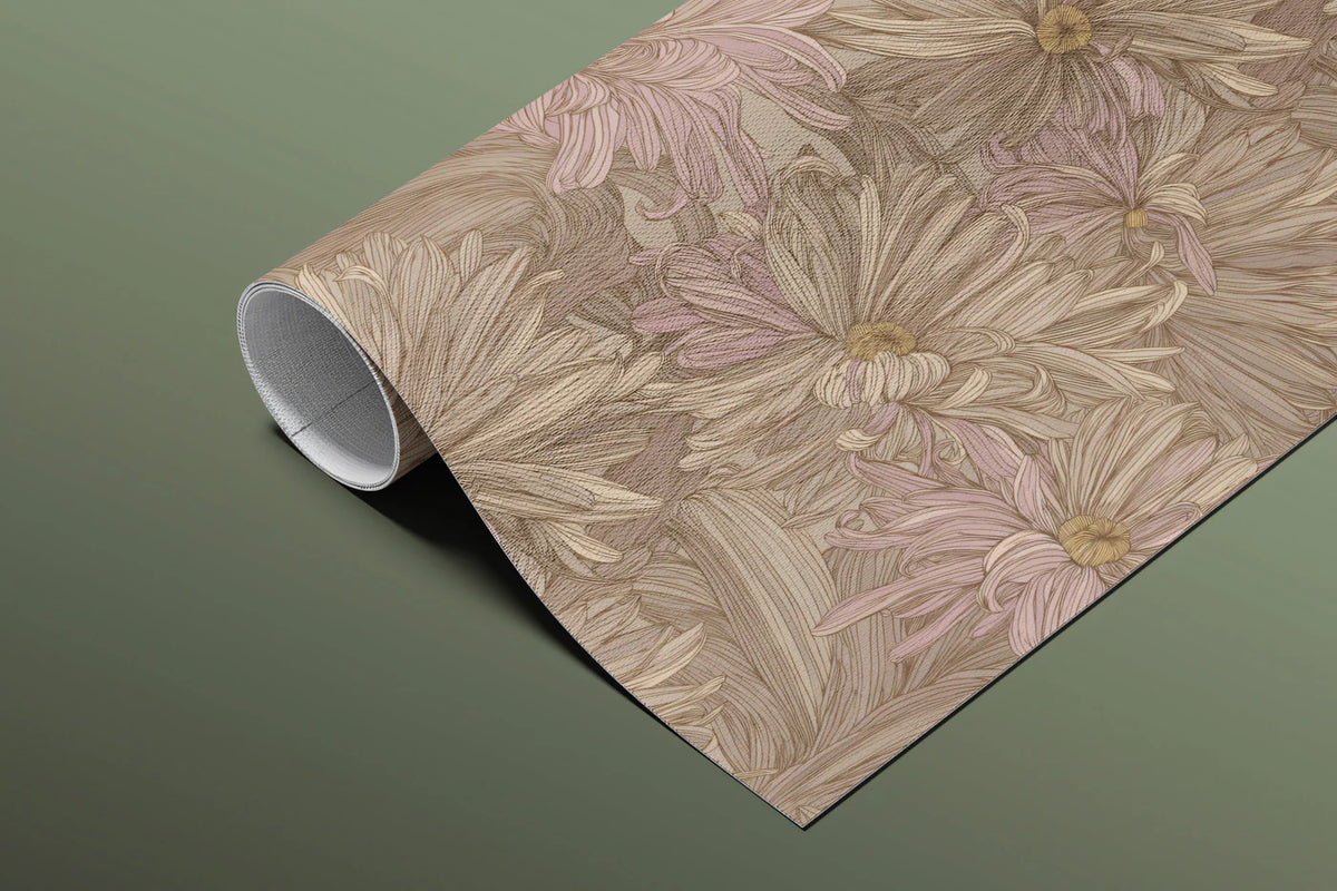 Vintage Chrysanthemum Mural Wallpaper — Warm Taupe and Blush Mural Wallpaper - room preview 03