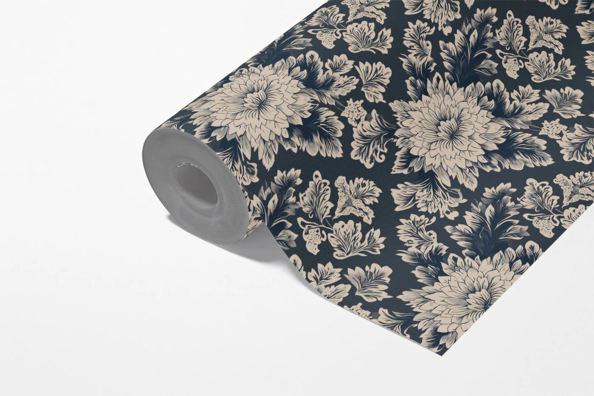 Vintage Peony Floral Mural Wallpaper in Navy and Beige Mural Wallpaper - room preview 03