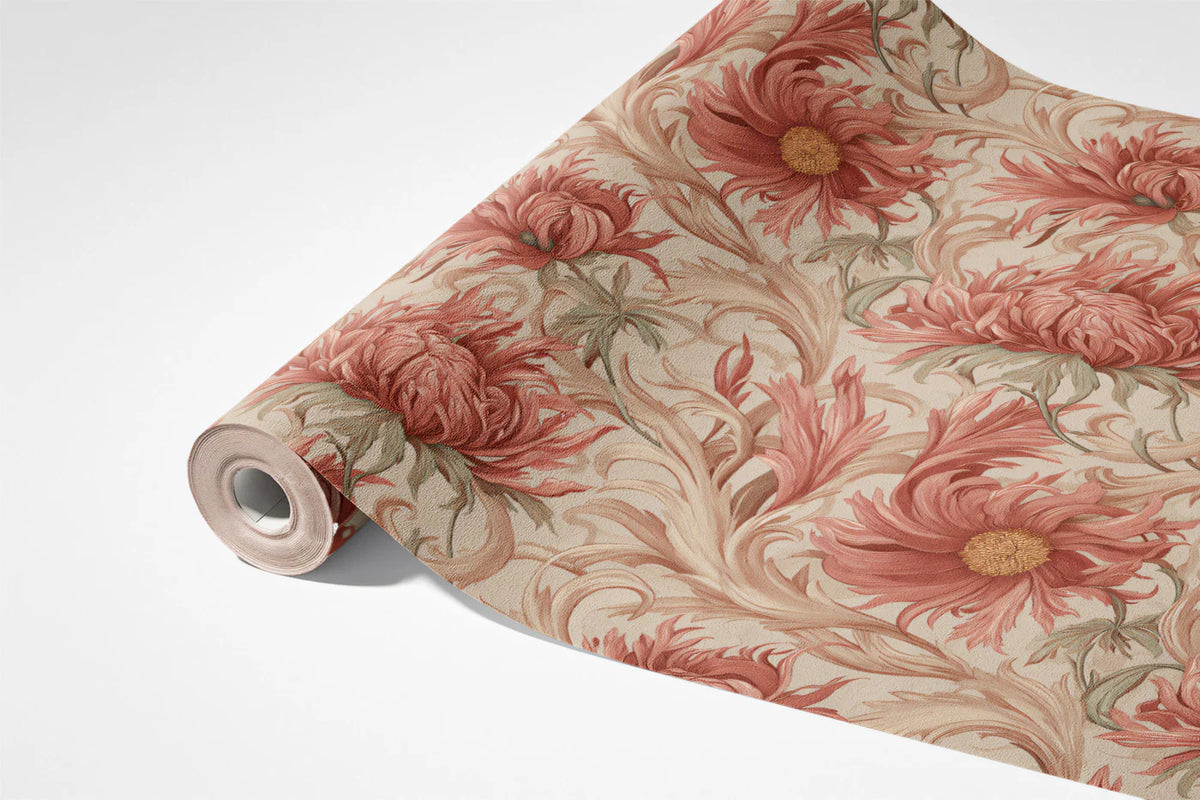 Victorian Botanical Mural Wallpaper in Muted Coral and Sand Mural Wallpaper - room preview 03