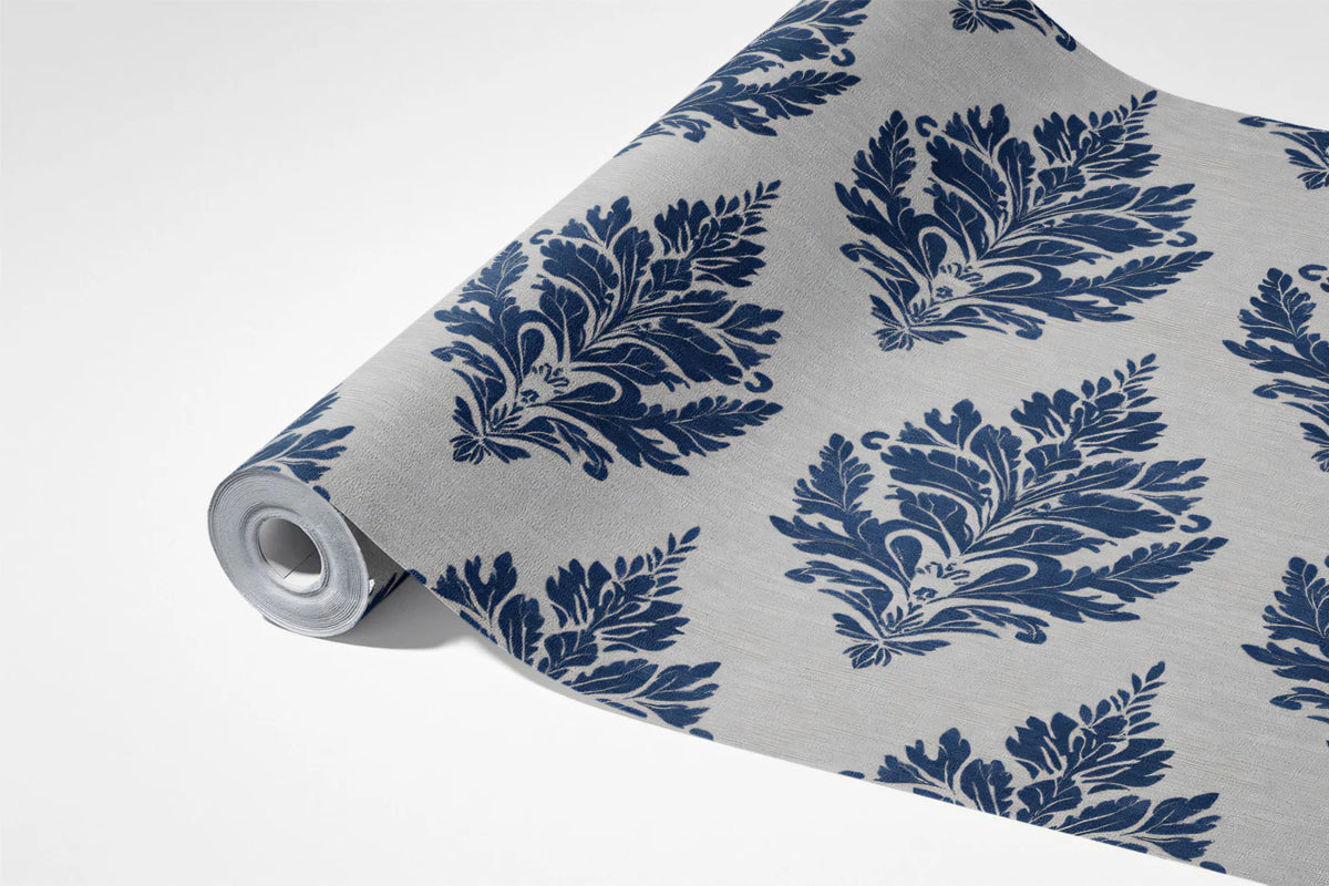 Navy Damask Crest Mural Wallpaper — Traditional Ornate Pattern Mural Wallpaper - room preview 03