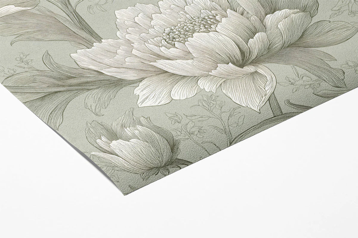 Classical Peony Mural Wallpaper — Sage Green Botanical Art Mural Wallpaper - room preview 03
