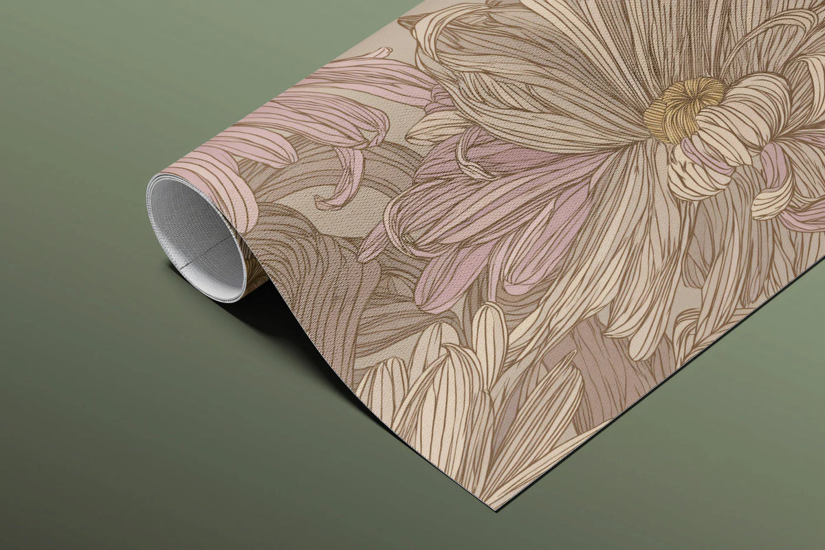 Muted Mauve Chrysanthemum Mural Wallpaper — Vintage Floral Sketch Mural Wallpaper - room preview 03