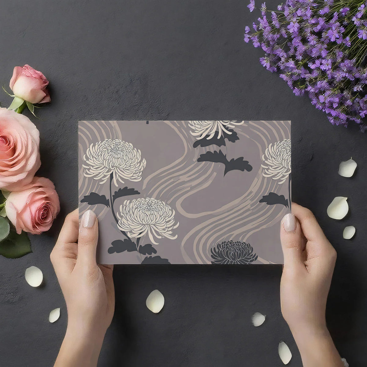 Minimalist Chrysanthemum Mural Wallpaper — Muted Floral Art Mural Wallpaper - room preview 03