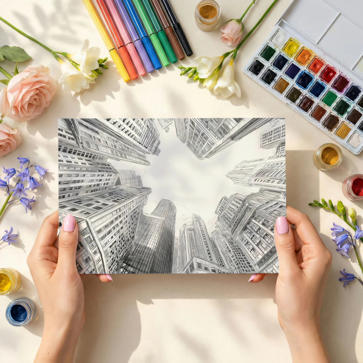 Metropolis Sketch Mural Wallpaper —Architectural Worm's-Eye View Mural Wallpaper - room preview 03