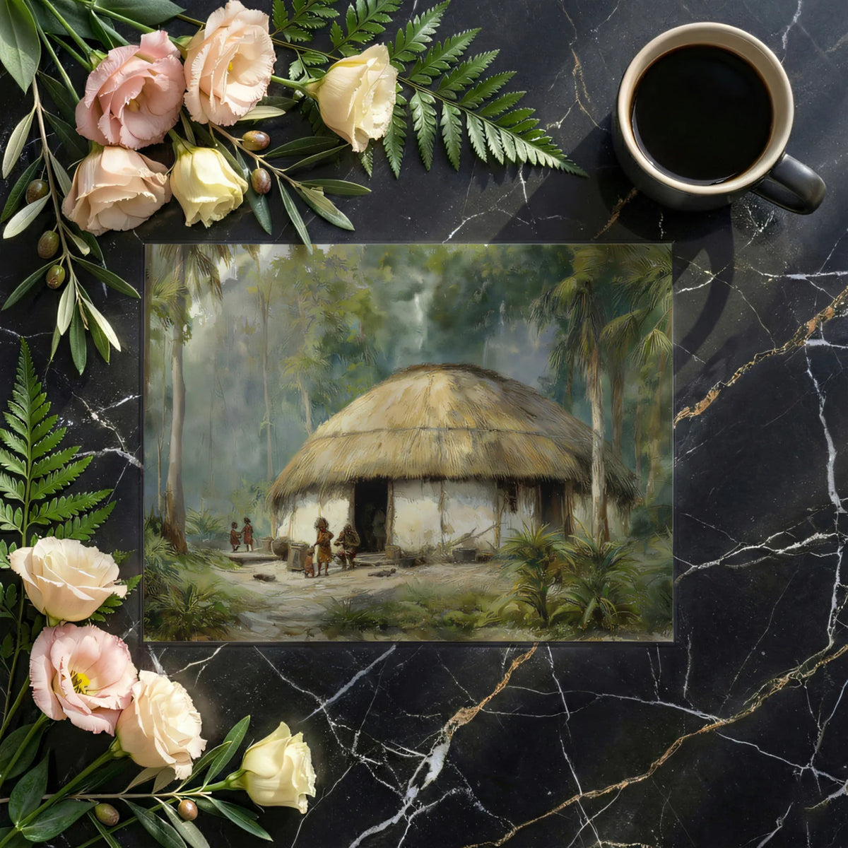 Jungle Hut Watercolor Mural Wallpaper — Artistic Cultural Scene Mural Wallpaper - room preview 03