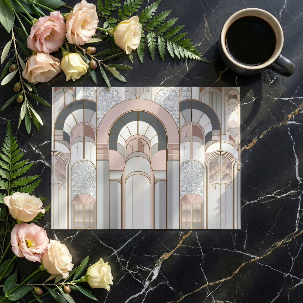 Art Deco Arch Mural Wallpaper — Dusty Rose and Slate Grey Mural Wallpaper - room preview 03