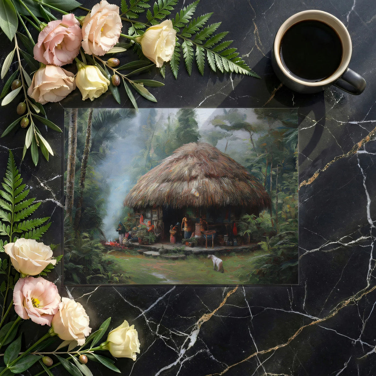 Rainforest Thatched Hut Mural Wallpaper — Impressionist Oil Painting Mural Wallpaper - room preview 03