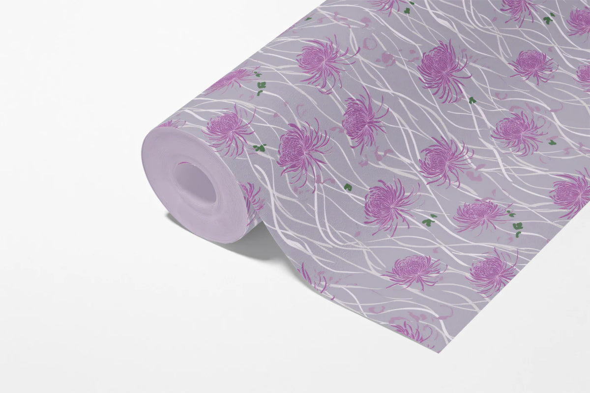 Floating Chrysanthemum Mural Wallpaper — Soft Violet Floral Mural Wallpaper - room preview 03