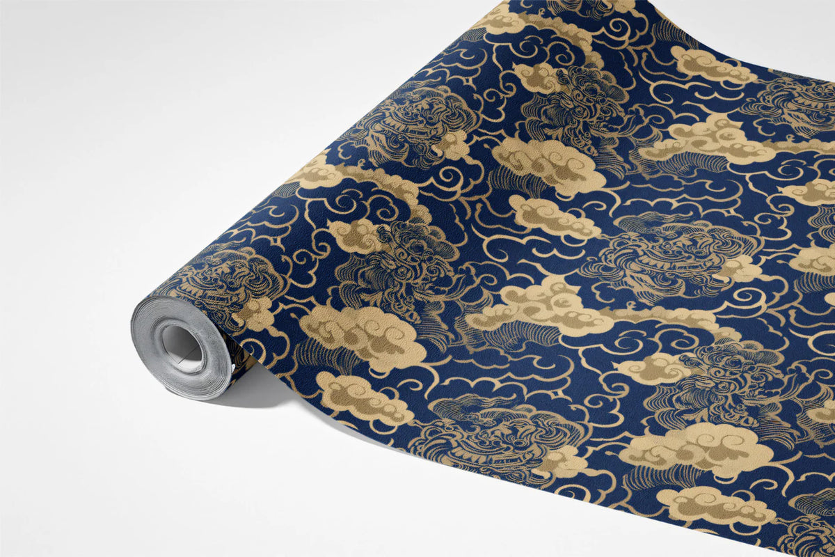 Oriental Cloud Mural Wallpaper in Navy and Gold Mural Wallpaper - room preview 03