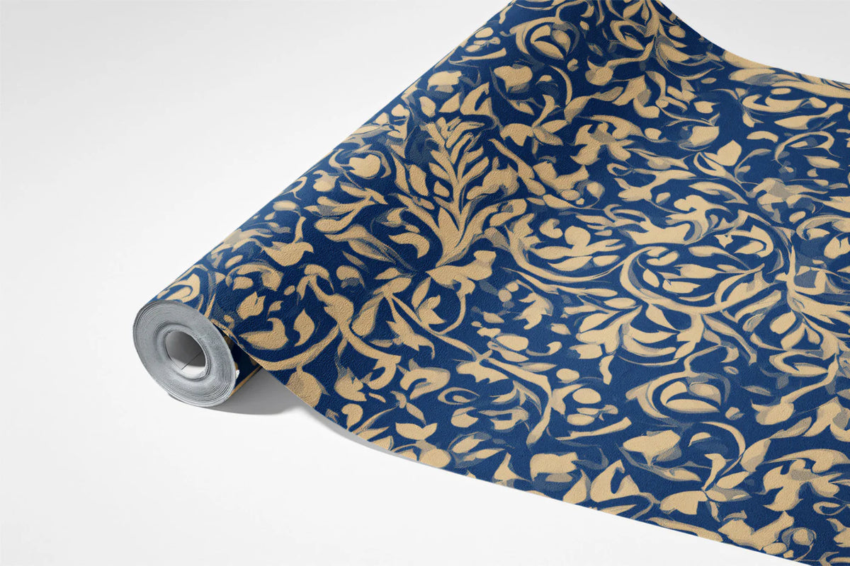 Baroque Scroll Mural Wallpaper Navy & Gold Filigree Mural Wallpaper - room preview 03