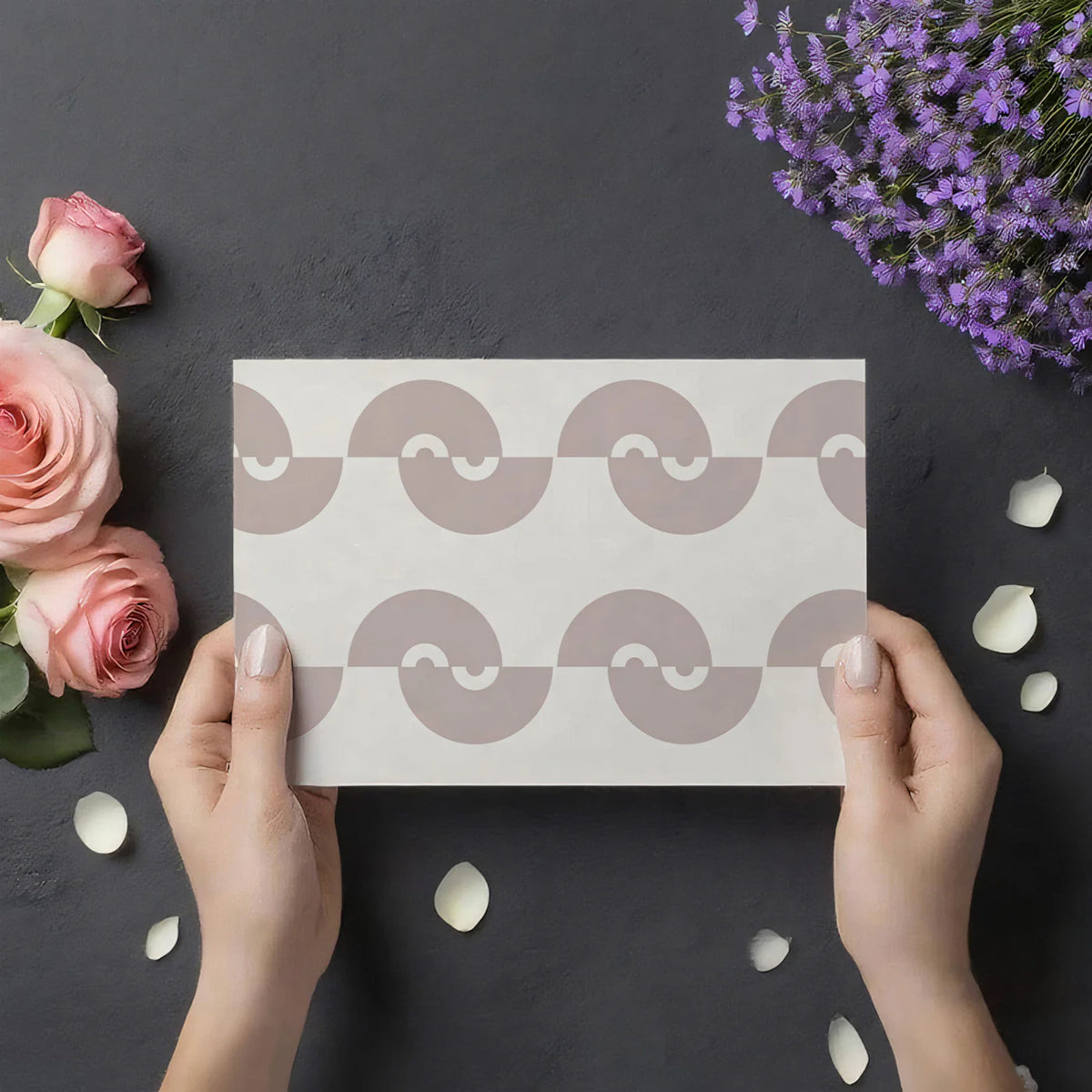 Minimalist Semicircle Wave Mural Wallpaper — Taupe and Off-White Mural Wallpaper - room preview 03