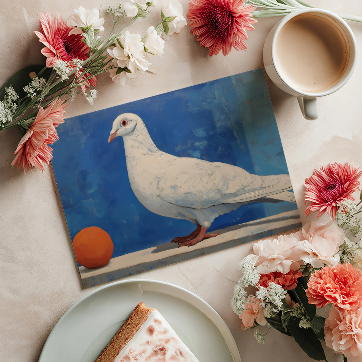 White Pigeon and Orange Oil Painting Mural Wallpaper - room preview 03