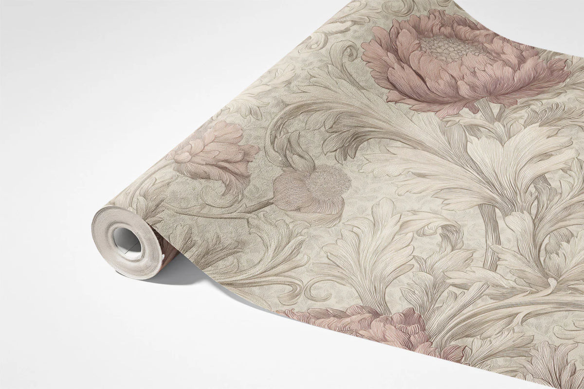 Vintage Peony and Acanthus Leaf Mural Wallpaper — Floral Heritage Mural Wallpaper - room preview 03