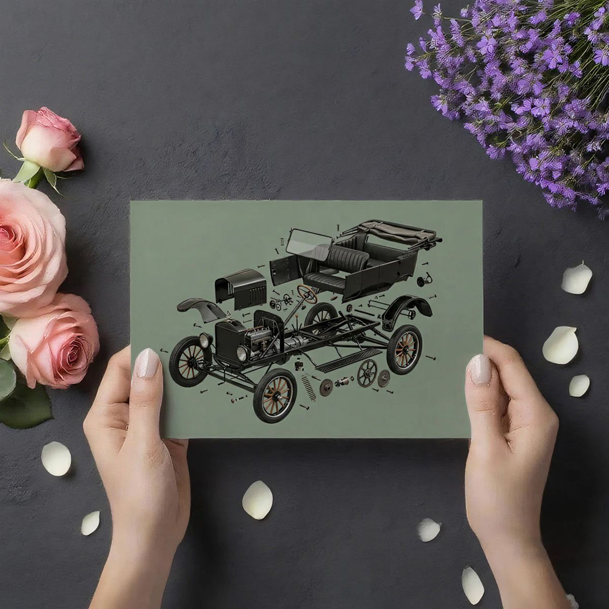Vintage Car Exploded View Mural Wallpaper — Industrial Technical Art Mural Wallpaper - room preview 03