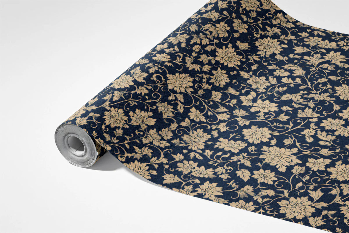 Dense Floral Vine Mural Wallpaper — Vintage Navy and Cream Design Mural Wallpaper - room preview 03