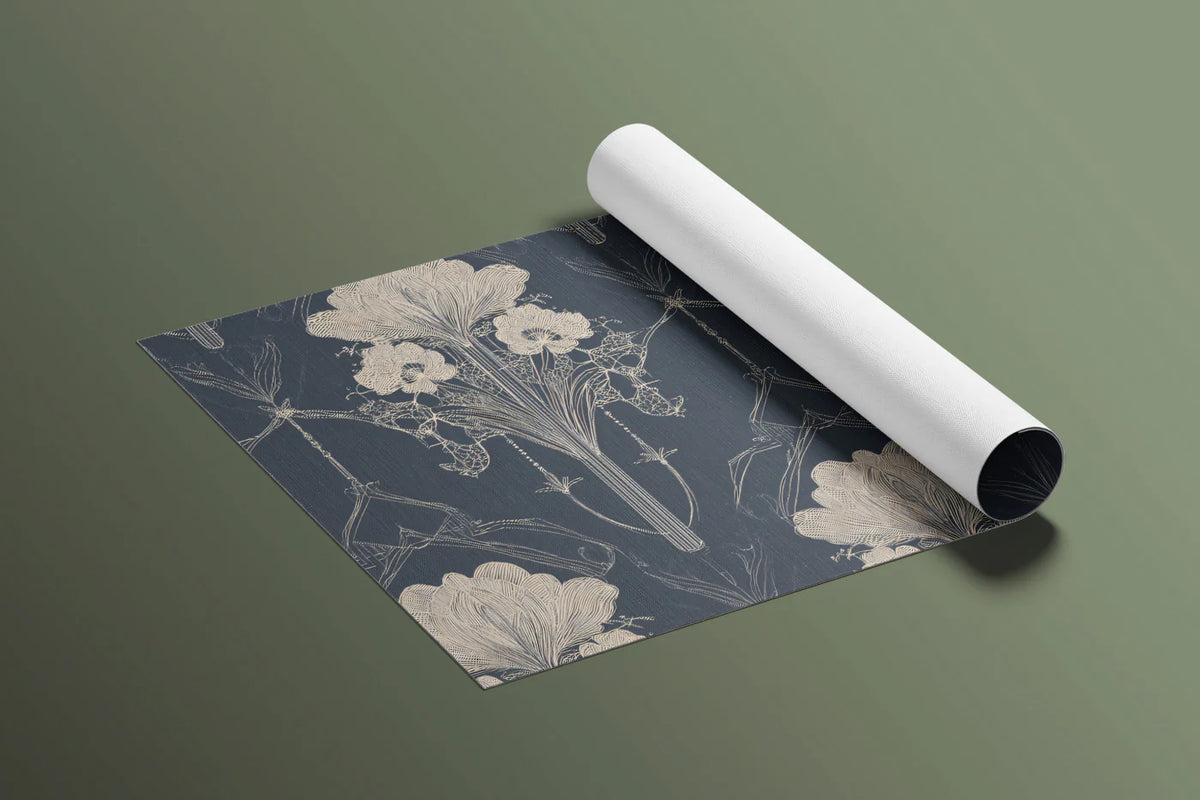 Art Nouveau Lily Mural Wallpaper — Vintage Navy and Cream Floral Mural Wallpaper - room preview 03