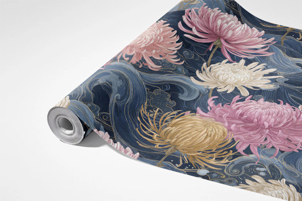 Japanese Chrysanthemum and Wave Mural Wallpaper — Navy and Pink Mural Wallpaper - room preview 03